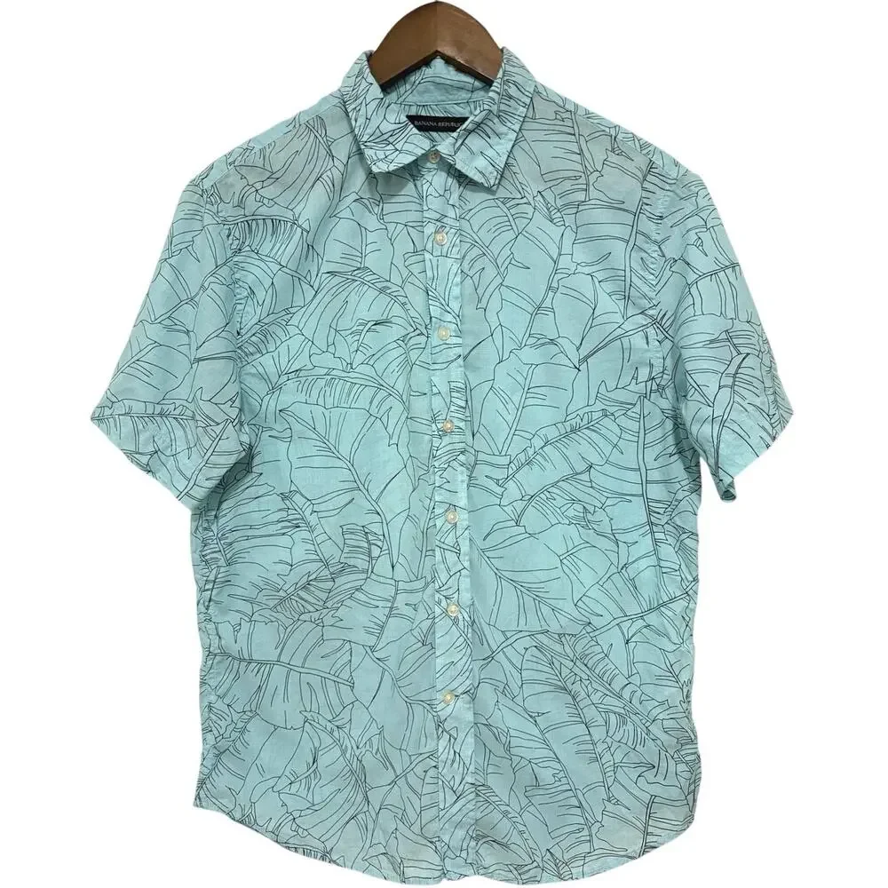 Banana Republic Mens M Slim Fit Blue Tropical Leaf Print Cotton Shirt